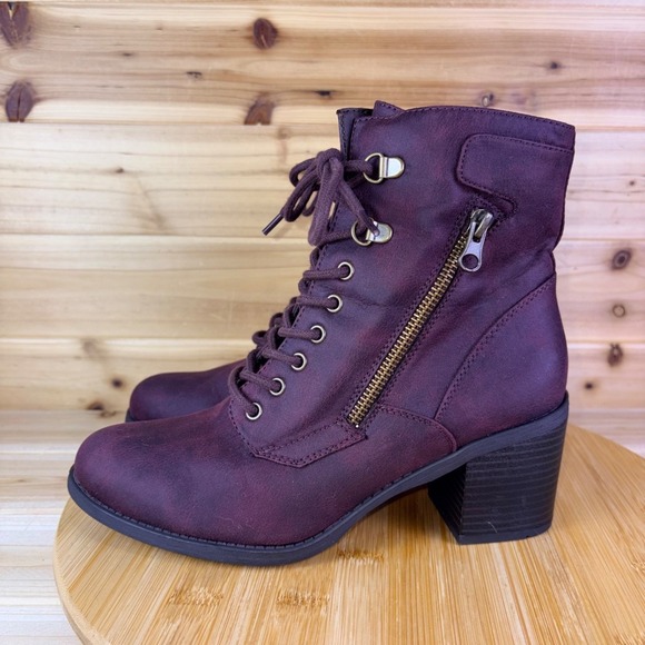 White Mountain Boots Women 8M Dorian Burgundy Lace Up Side Zip Combat Ankle Boot - Picture 5 of 13